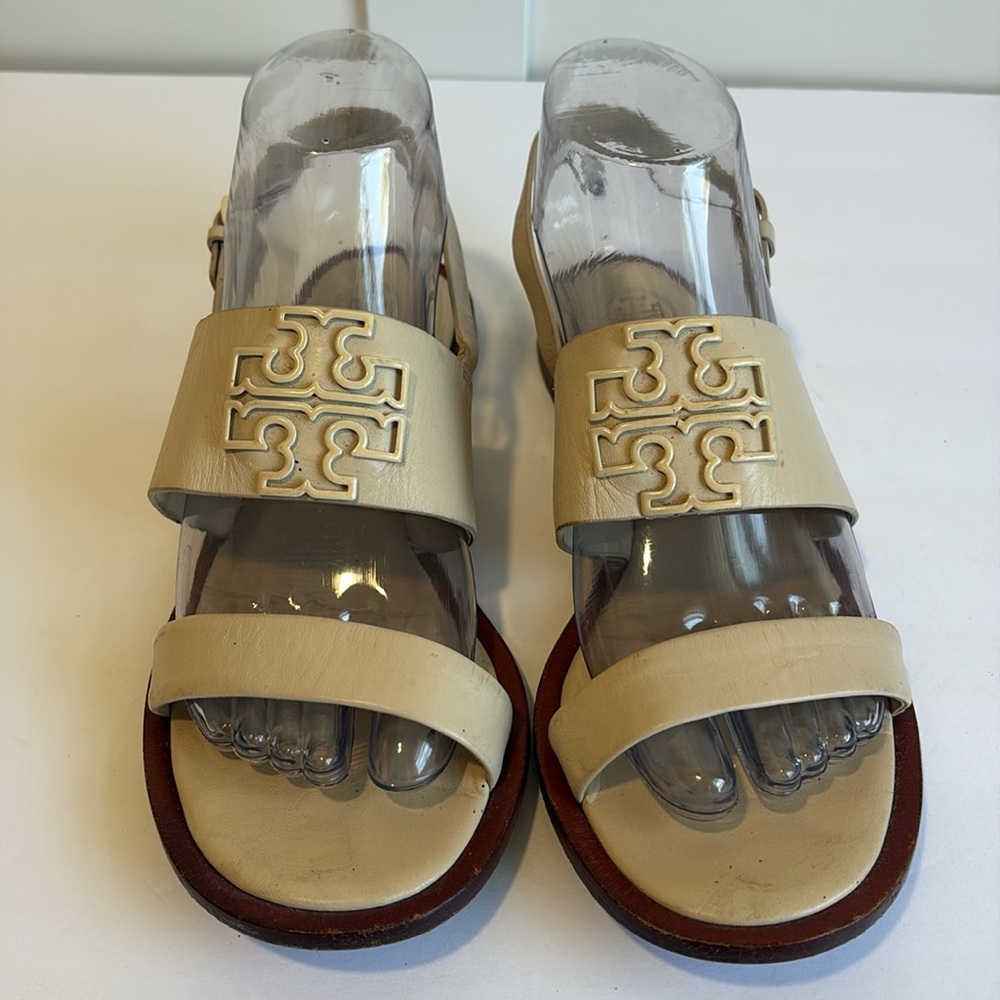 Tory Burch Cream Leather Double-Strap Logo Flat Sandals - Picture 3 of 10